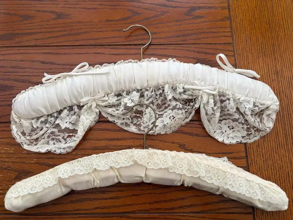 Vintage Padded Satin and Lace Hangers Set of 2 Ivory Bridal Lingerie